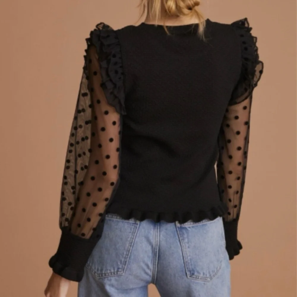 🎉HP🎉 NWT Anthropologie Maeve Sheer Polka Dot Long-Sleeve, Ruffled Shoulder Top M - Picture 2 of 7